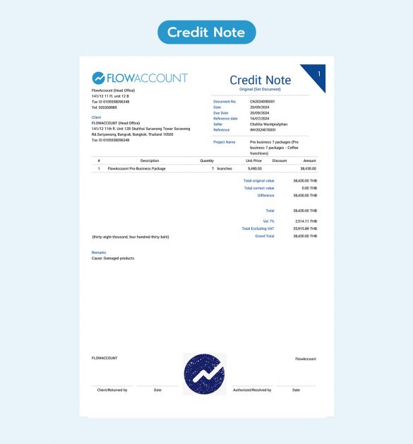 Credit Note in Thai business