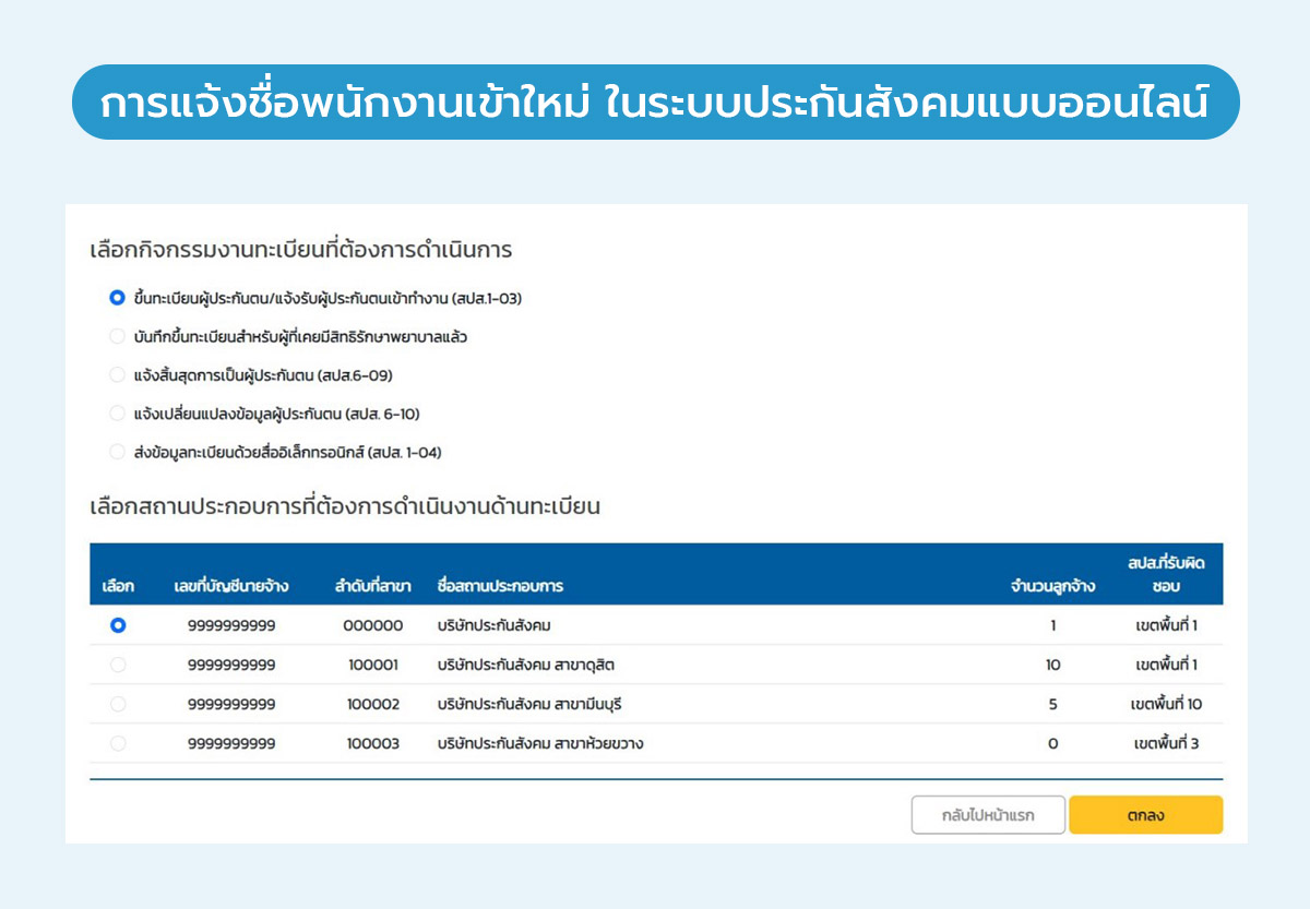 กดเลือกสถานประกอบการที่ต้องการขึ้นทะเบียนผู้ประกันตน